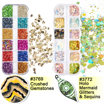 Rhinestones Epoxy Resin Filler Supplies 6-Box 72 Styles Diamond|Crushed Gemstones|Holographic Glitter|Iridescent Confetti