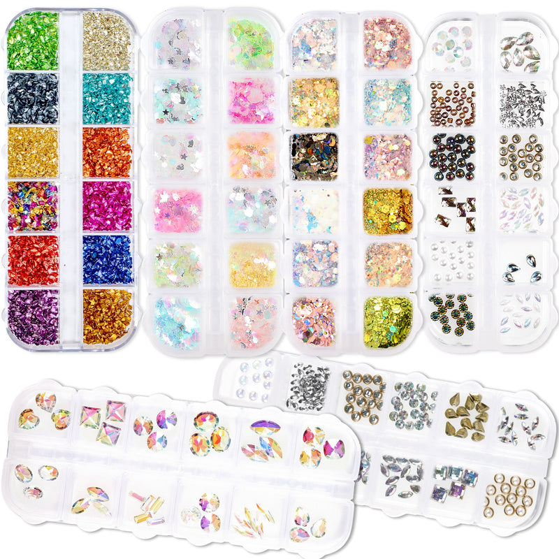 Rhinestones Epoxy Resin Filler Supplies 6-Box 72 Styles Diamond|Crushed Gemstones|Holographic Glitter|Iridescent Confetti