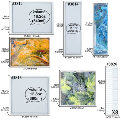 Rolling Tray Epoxy Resin Silicone Molds  Raised Edges with 8 Fixed Frames 3-Bundle Large Size, Square|Rectangle