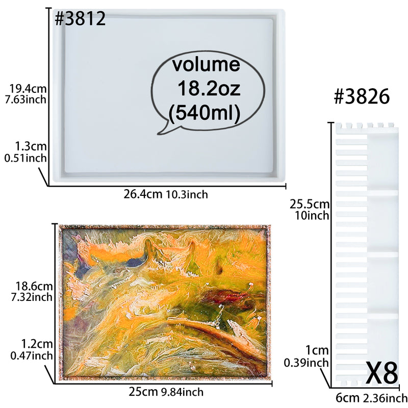 Rectangle Rolling Tray Epoxy Resin Silicone Molds with Edges and 8 Fixed Frames, Large 10.3x7.6inch