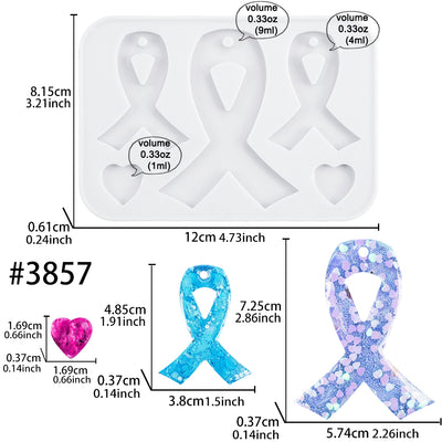 Awareness Ribbon Keychain Resin Silicone Mold with Heart 5-cavity 0.7-2.9inch