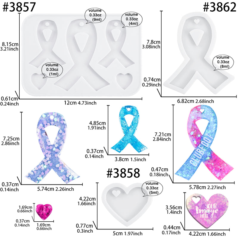 Awareness Ribbon Keychain Epoxy Resin Silicone Molds with Heart 3-Bundle 0.7-2.9inch