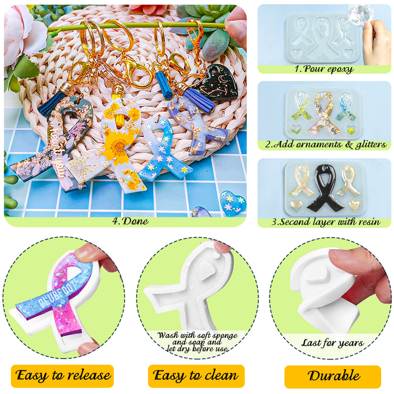 Awareness Ribbon Keychain Epoxy Resin Silicone Molds with Heart 3-Bundle 0.7-2.9inch