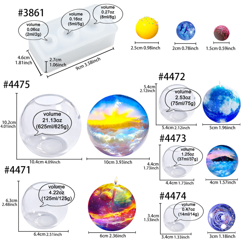 Sphere Silicone Molds Epoxy Casting UV Resin Jewelry Making 8-Size Assortment One-piece Seamless