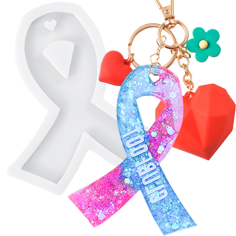 Cancer Awareness Ribbon Keychain Resin Silicone Mold with Hole 2.8x2.3inch