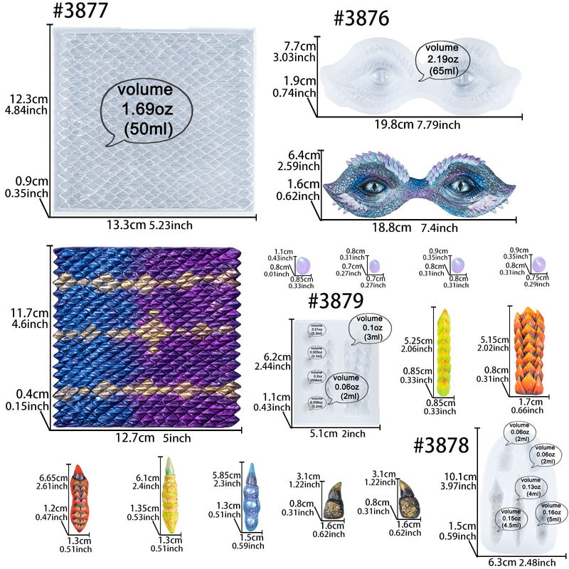 Dragon Epoxy Resin Silicone Molds Set Scales Skin Eyes Claws Dorsal Fins