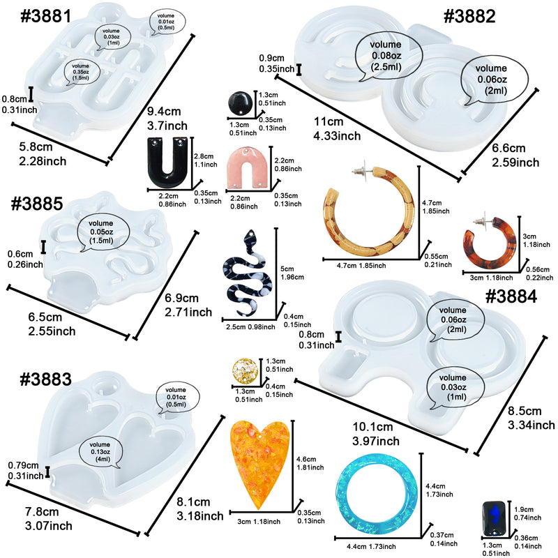 Snake Earring Epoxy Resin Silicone Molds with Heart Oval Ring C Shaped 5-Bundle 0.5-2inch