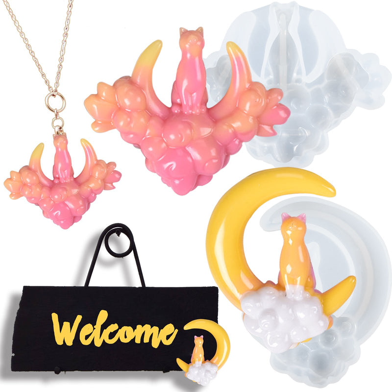 Cat on Crescent Moon Epoxy Resin Silicone Mold 2-Bundle