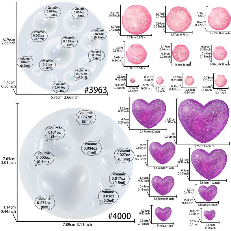 Cabochon Gemstone Epoxy Resin Casting Silicone Molds Heart Dome Shapes 2 in Set