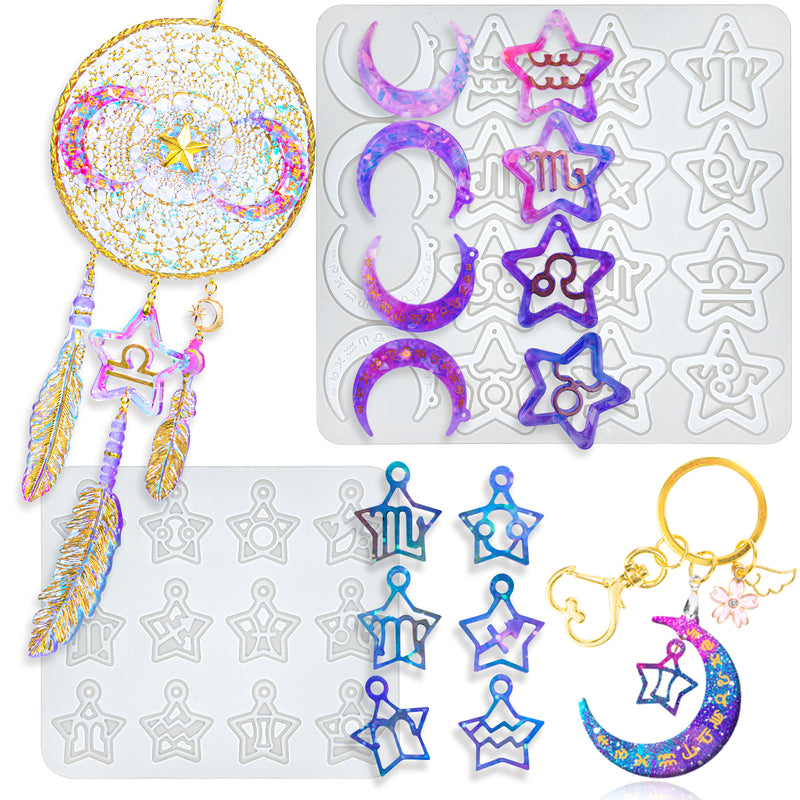 Zodiac Resin Molds Silicone Moon Star Charms 2-Size Keychain Charms Necklace Pendant Jewelry Making