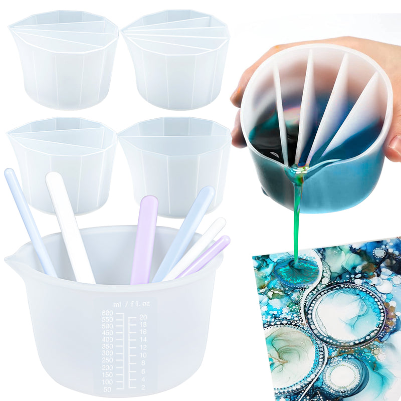 Silicone Measuring Cup 600ML and Split Cup(2/3/4/5 Chambers) with Rubber Stir Sticks kit