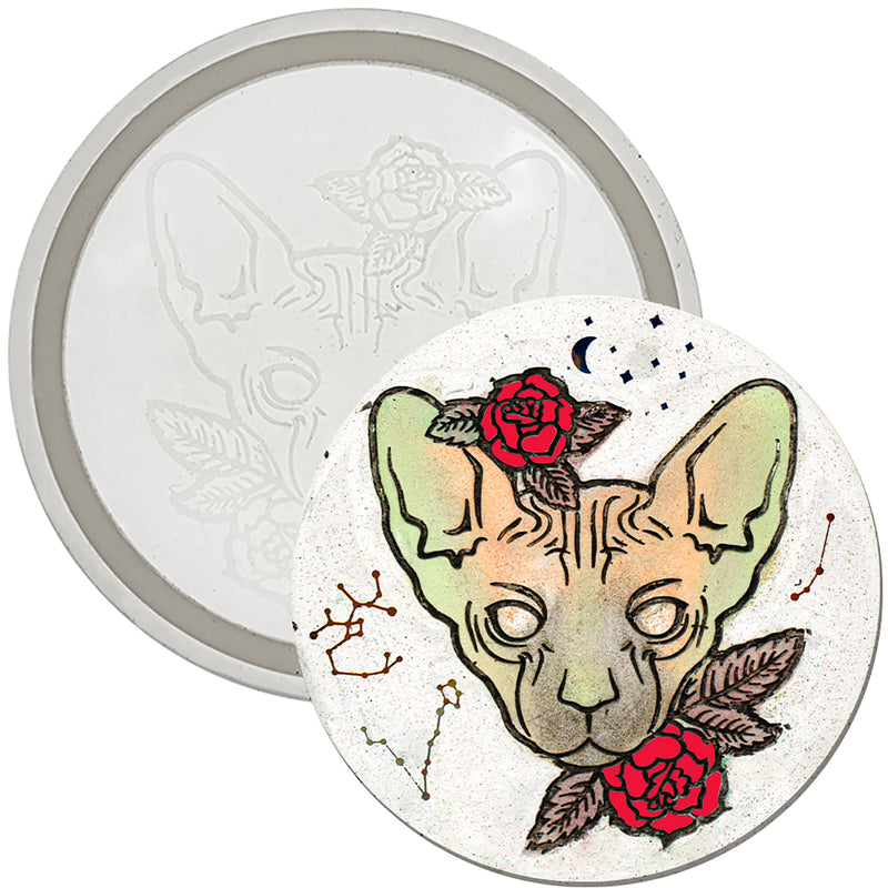 Etched Cat with Rose Pattern Round Coaster Resin Mold