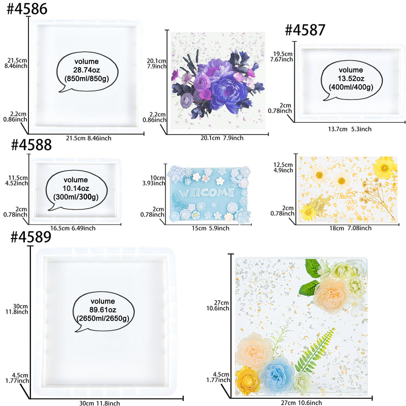 Square and Rectangle Resin Silicone Molds Flower Preservation Making Set of 4