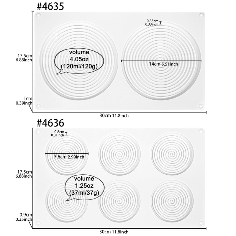 Round Pastry Silicone Molds Tourbillon Baking Pan Set of 2, Disc Diameter 5.5inch, 3inch, 8-Cavity