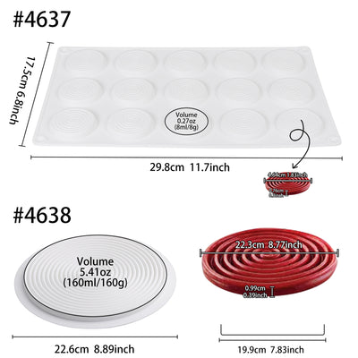 Round Pastry Silicone Molds Tourbillon Baking Pan Set of 2, Disc Diameter 9inch, 2inch, 16-Cavity