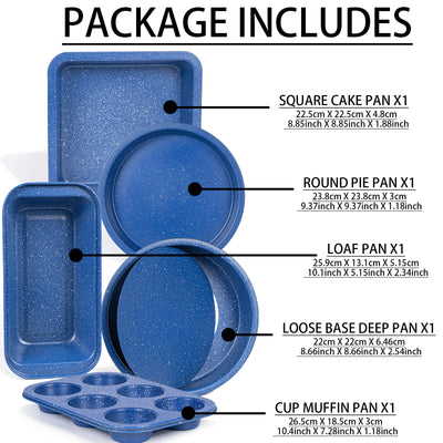 Medical Stone Nonstick Bakeware Set of 5 Square, Round, Removable Bottom Baking Pans