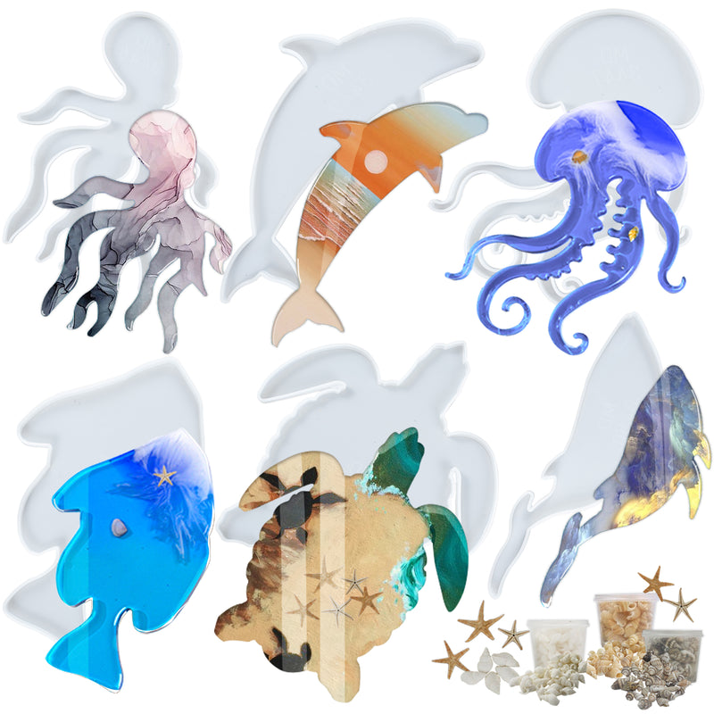 Sea Animal Epoxy Resin Silicone Tray Molds Dolphin|Jellyfish|Turtle|Octopus|Whale with Mini Seashells Starfish Inlay Supplies