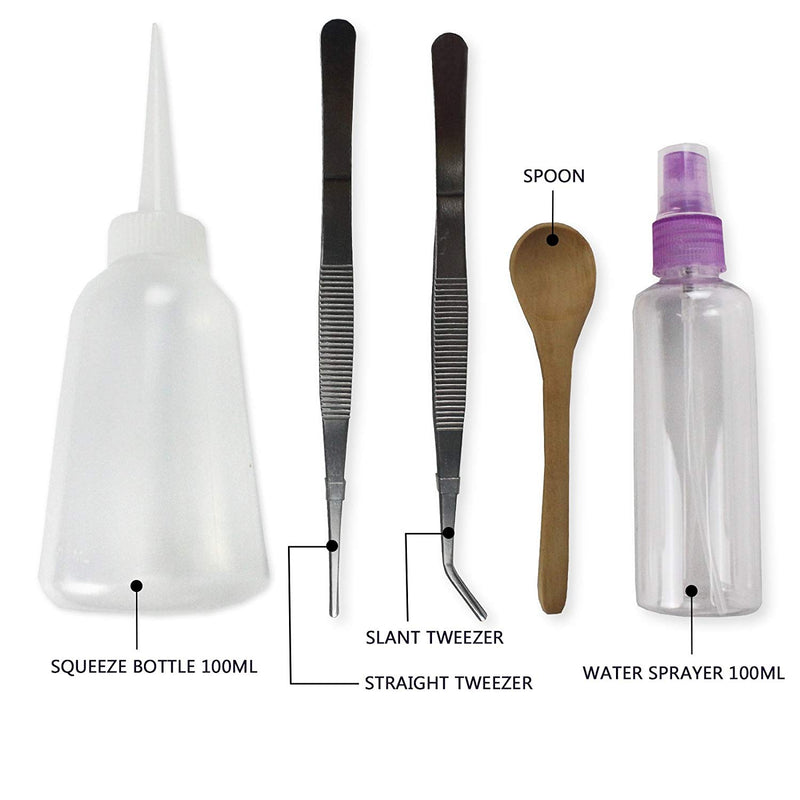 Terrarium Fairy Garden Tool Set 5 Kits - Water Sprayer|Tweezers|Wooden Spoon|Squeeze Bottle