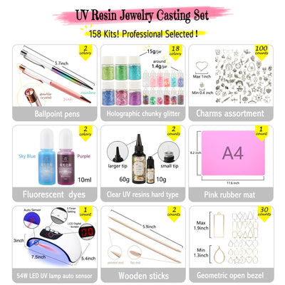 Resin Jewelry Making Supplies 158-kit 54W UV Lamp|UV Resin|Fluorescent Dye|Liquid Pen|Glitter|Charm|Open Bezel