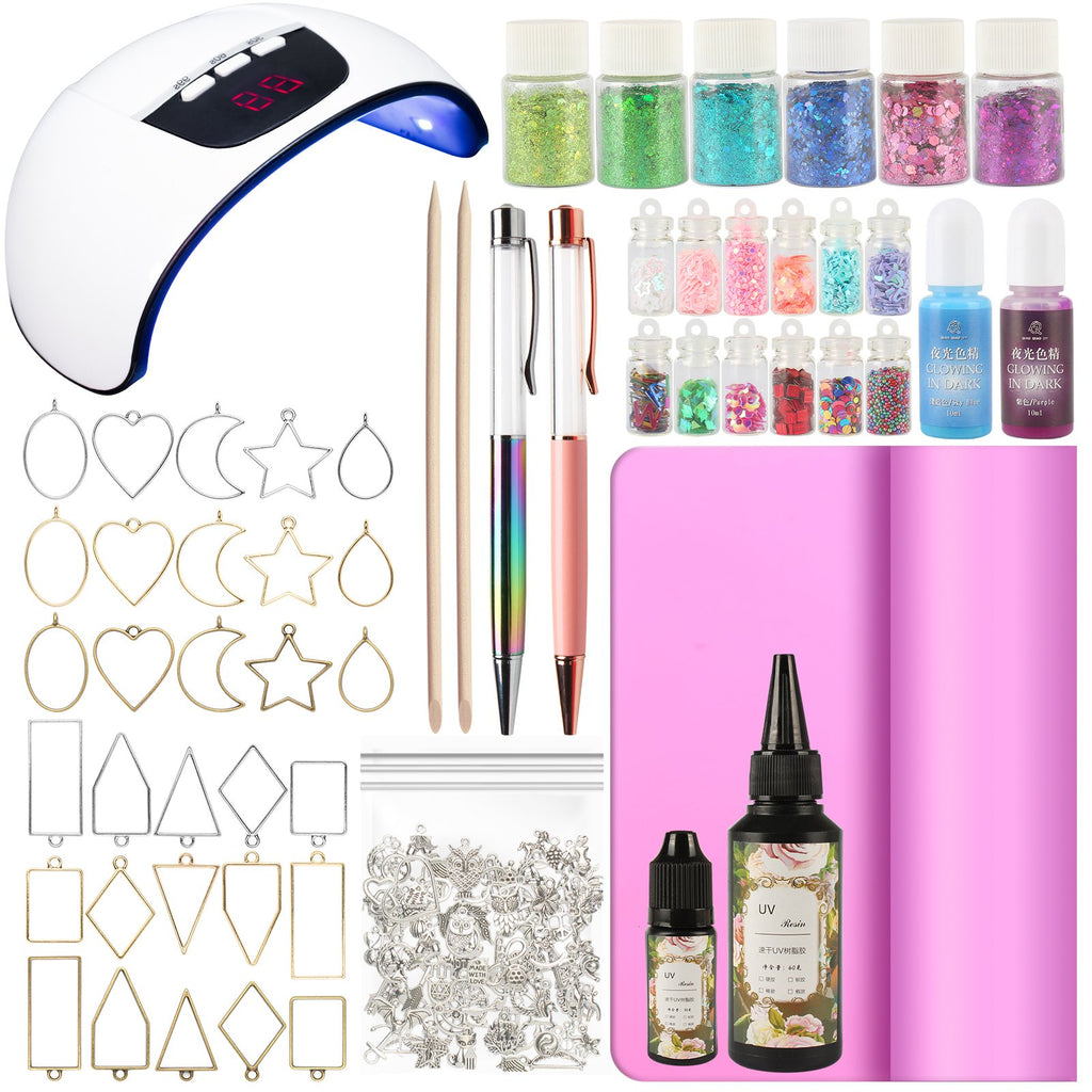 Resin Jewelry Making Supplies 158-kit 54W UV Lamp|UV Resin|Fluorescent Dye|Liquid Pen|Glitter|Charm|Open Bezel