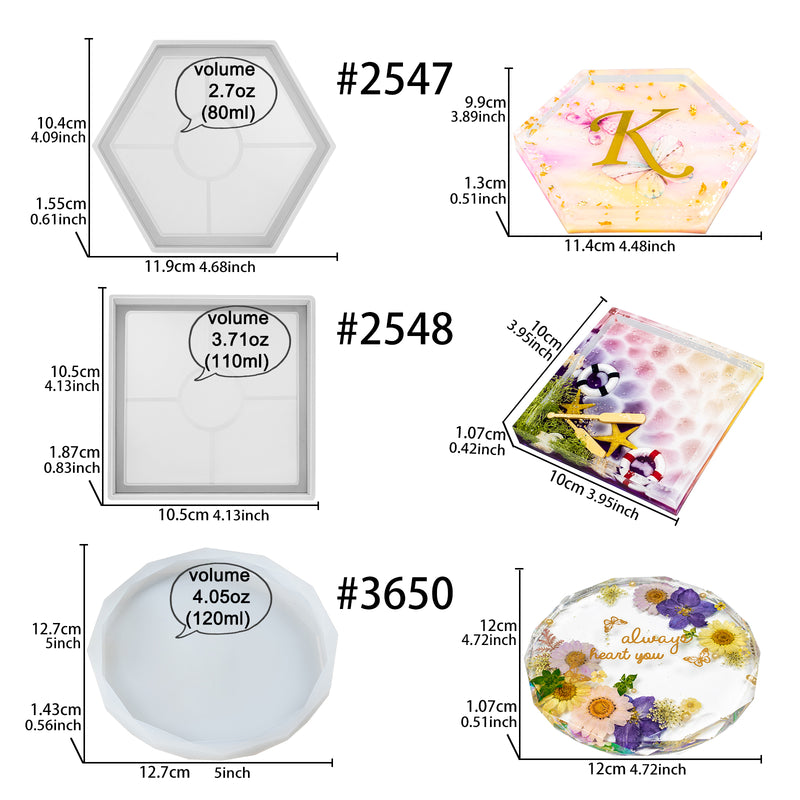 Coaster Epoxy Resin Silicone Molds Hexagon Square Round 3-Bundle with Tutorial Set