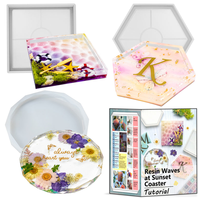 Coaster Epoxy Resin Silicone Molds Hexagon Square Round 3-Bundle with Tutorial Set