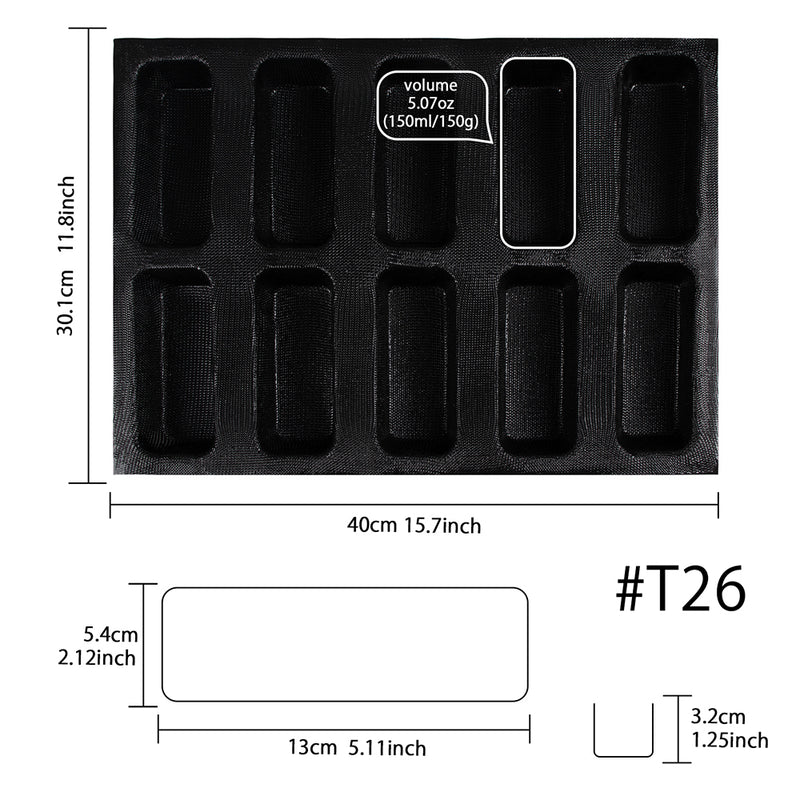 Baking Pan Baguette Bread Mesh Silicone Mold Rectangle Bar 40x30x3.2cm 10-Cavity