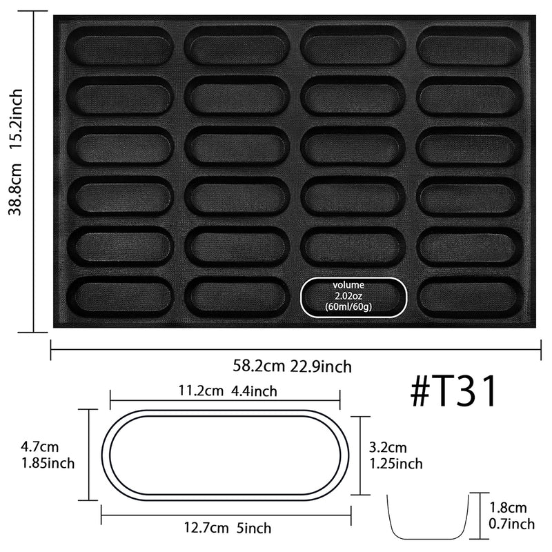 Baking Pan Sandwich Hot Dog Bread Liquid Silicone Mold 24-Cavity Per Hole 112x47x18mm