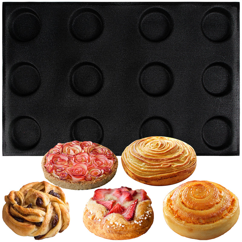 Bun Baking Pan Hamburger Bread Round Disc Mesh Silicone Mold 12-Loaf Taper Circle Shape