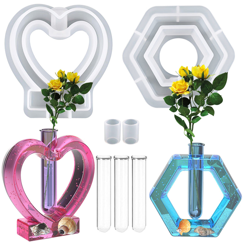 Resin Vase Silicone Molds Set for Hexagon Heart Plant Propagation Stations with Test Tubes