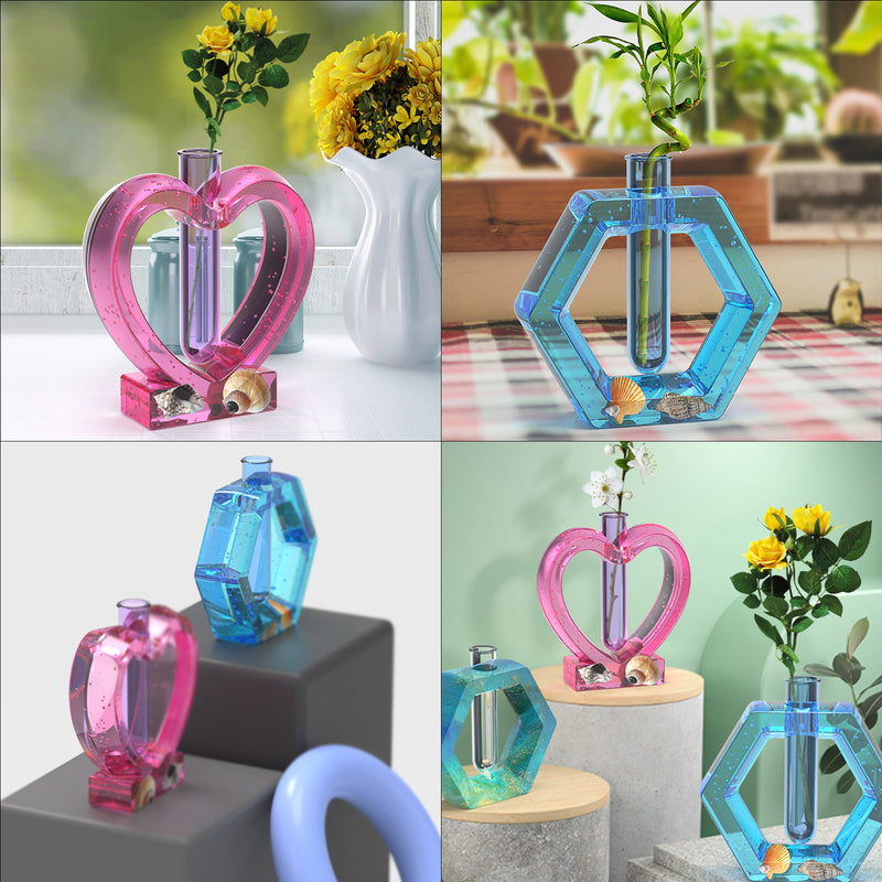 Resin Vase Silicone Molds Set for Hexagon Heart Plant Propagation Stations with Test Tubes