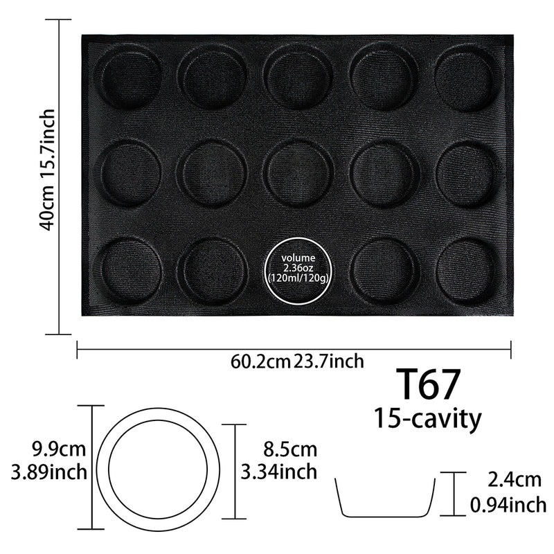 Bun Baking Pan Hamburger Bread Round Disc Mesh Silicone Mold 15-Loaf Taper Circle Shape 602x400x24mm