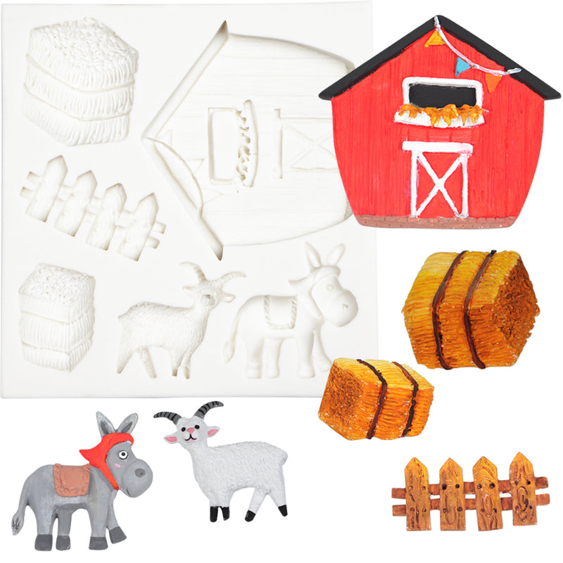 Barn Assortment Fondant Silicone Mold Goat|Donkey|Shed|Fence|Haystack