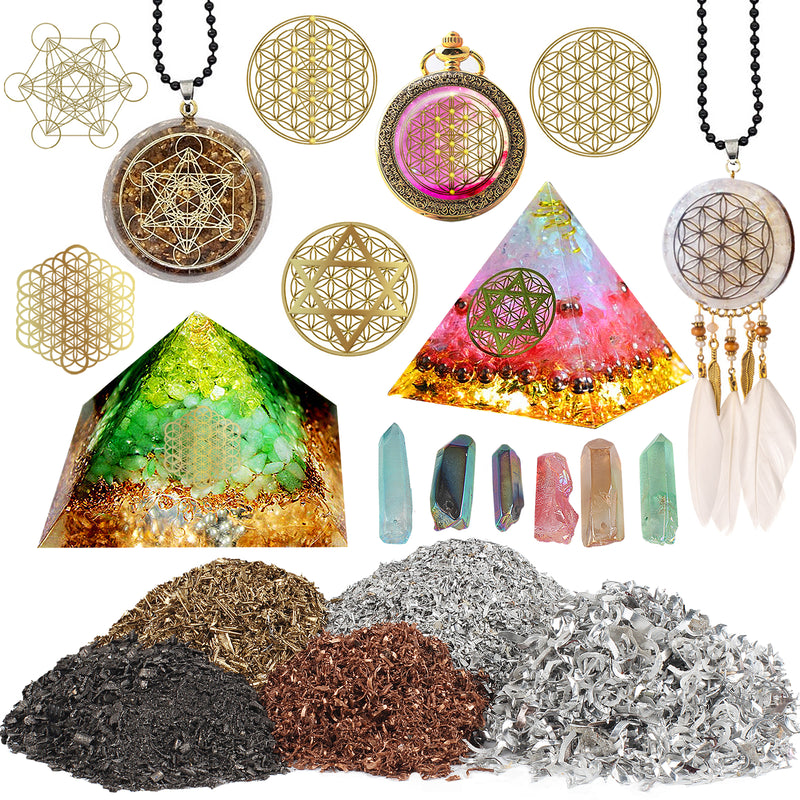 Orgone Resin Fillers-5 Metal Shavings|5 Symbol Stickers|6 Colored Crystals